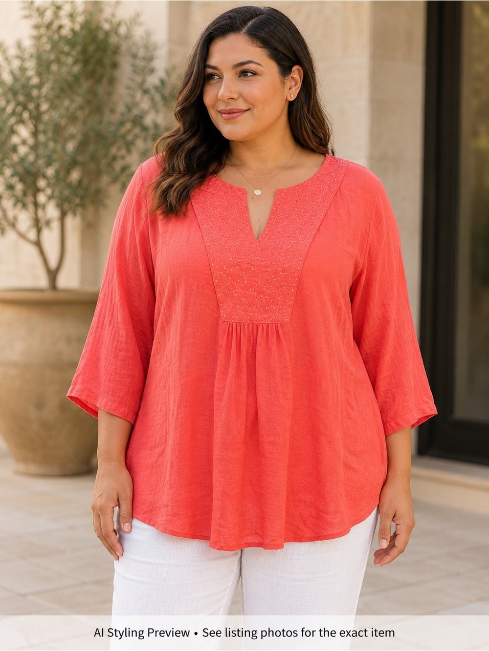 Cotton Silk Tunic Blouse XXL Coral Boho Beach Resort Semi Sheer Topj